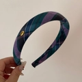 Detail of blue and purple plaid fabric headband with a golden Hand Made metal tag - Blue Purple Plaid - Headband