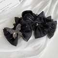 Elegante pinza per capelli con fiocco in tulle nero, strass e farfalla decorativa - Stile Triplo Fiocco