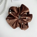 Detail of brown velvet scrunchie featuring elegant white pearls on soft fabric - Coffee Velvet
