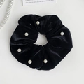 Close-up of elegant black velvet hair scrunchie with white pearl embellishments and soft texture - Black Velvet