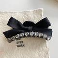 Elegante pinza per capelli con fiocco in seta nera e cristalli a forma di cuore - Stile Cuore Trasparente