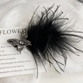 Vue détaillée d'une pince à cheveux en plumes noires avec papillon en strass brillant - Style Papillon Gauche