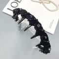 Cerchietto di lusso con perline nere, finitura in velluto e dettagli in strass - Nero (Cerchietto Avvolto)