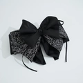 Elegant black satin hair clip featuring a floral pattern bow with long ribbons - Black Floral