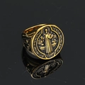 Vintage gold Saint Benedict exorcism signet ring in titanium steel for men with hip hop style - US 7 / Gold Oiled