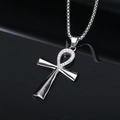 Vintage silver Ankh cross pendant with pavé set crystals and polished steel chain - Silver Color Pendant