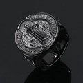 Retro Saint Benedict medal ring in black titanium steel with hip-hop punk relief style - Black