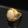 Anello retrò in oro titanio con grande pietra naturale ovale e micro-cristalli neri - Taglia 7 / Colore Oro Pietra Dalmata Verde