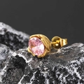 Close-up of pink zircon stud earring with golden textured base on a rocky background - Gold Tone Pink Zircon (Single)