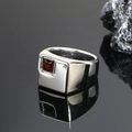 Detalle de una gema roja cuadrada engastada en un anillo de sello de acero plateado pulido - Talla 7 / Color Acero Gema Roja