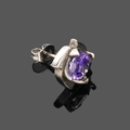Detail of silver stud earring with faceted purple gemstone and vintage metal finish - Steel Purple Zirconia