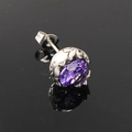 Punk style cross-textured silver titanium steel stud earring with large purple crystal stone - Steel Purple Zirconia