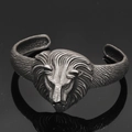 Vintage Nordic Viking lion head open bangle in distressed silver stainless steel finish - Antique Lion Head Style 7