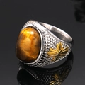 Vintage men's titanium steel ring with tiger eye stone and embossed golden patterns - Silver Gold Tiger Eye