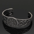 Detailed view of Viking Vegvisir compass and Celtic knot patterns on vintage steel cuff - Antique Viking Compass Style 8