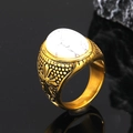 Vintage gold men's signet ring with white marble stone and engraved floral patterns - Gold White Turquoise