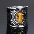 Retro Sankt Benedikt Exorzismus Siegelring aus Edelstahl mit silbernen und goldenen Akzenten - US 7 / Gold & Silber