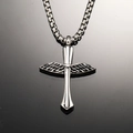 Detailed macro view of silver cross and wing pendant on a polished steel chain - Pendant Only (No Chain)