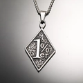 Macro shot of silver 1%er engraved diamond-shaped pendant with textured finish - Pendant Only (No Chain) / Steel Pendant (WD-735)
