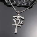 Detailed macro view of silver Ankh cross pendant with eye motif and sparkling crystals - Steel Color Single Pendant (No Chain)