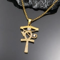 Golden Ankh and Eye of Horus cross necklace with rhinestones on a textured rock base - Gold Single Pendant (No Chain)