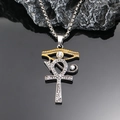 Vintage stainless steel Eye of Horus Ankh cross pendant necklace with white rhinestones - Two-tone Gold Pendant Only (Without Chain)
