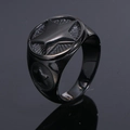 Polished black stainless steel signet ring with star emblem and sunburst texture - US 7 / Black