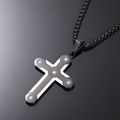 Detailed view of black cross pendant with camouflage carbon fiber and sparkling cubic zirconia - Two-tone Black Pendant + Silver Box Chain