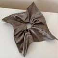 Detail of satin coffee-colored hair scrunchie with black polka dots and fine stitching - Coffee Polka Dot Glossy Satin - Square Bow Tie