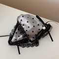 Detail of satin hair clip with black polka dots, lace edges, ribbon bow, and white pearl - Polka Dot Lace Triangle Style / Gray
