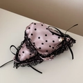 Detailed view of pink satin hair claw with black polka dots, lace edges and pearl pendant - Polka Dot Lace Triangle Style / Pink