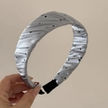 Detail of silver grey satin headband with black polka dots and pleated fabric texture - Gray Polka Dot Glossy Satin - Pleated Headband