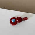 Detail of red and blue checkered hair clip with heart button and heart button accents - Red Plaid - Red Button Duckbill Clip