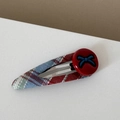 Detail of red and blue plaid fabric hair clip with a vintage red heart button decoration - Red Blue Plaid - Bow BB Clip