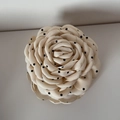 Detailed macro view of a fabric rose hair claw clip with classic black polka dots on beige - Polka Dot Claw - Beige