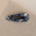 Detailed macro view of the blue and white plaid fabric texture on a teardrop BB hair clip - Blue Plaid BB-Water Drop