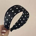 Close-up of fluffy black and white polka dot satin scrunchie with soft premium texture - Padded Headband / Black