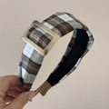 Close-up of brown plaid headband with vintage cream square buckle and non-slip lining - White Coffee