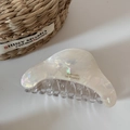 Macro shot of large white iridescent acetate shark hair claw with La France engraving - Beige