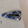 Close-up of blue plaid fabric triangle hair clip on textured beige linen background - Blue Plaid BB-Triangle