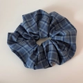 Close-up of classic navy blue plaid scrunchie with soft pleated fabric and elastic core - Classic Blue Plaid - Scrunchie