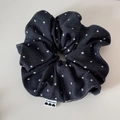 Detail view of denim scrunchie with white heart pattern and AWESOME.US fabric label - Black Denim Heart Polka Dot Large Scrunchie