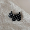 Detailed close-up of a black polka dot Scottie dog hair clip with sparkling rhinestones - Dog Shape Hair Clip / Black