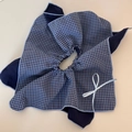 Detailed view of oversized vintage plaid hair scrunchie with blue lining and bow knot - Navy Blue Ribbon Bow Square Loop