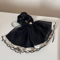 Close-up of black pleated chiffon hair scrunchie with beige lace edges and gold detail - Chiffon Scarf Scrunchie / Black