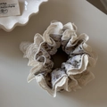 Detail of floral scrunchie with lace edge and ruffled vintage fabric texture - Purple Floral Lace Scrunchie