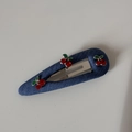 Detailed view of denim hair clip featuring red rhinestone cherries and green leaf accents - Dark Denim - Cherry Snap Clip