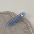 Detail of blue gingham checkered hair clip with a sparkling heart-shaped rhinestone - Bobby Pin / Blue
