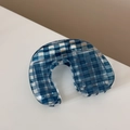 Macro view of blue gingham checkered hair claw clip in translucent acrylic material - U-Shaped Horseshoe Style / Dark Blue Plaid