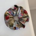 Detail of floral scrunchie with colorful abstract pattern and yellow edge stitching - Vintage Oil Painting Flower - Cinched Style